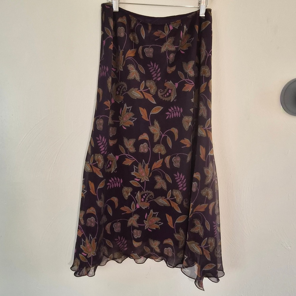 Worthington Plum Purple Floral Paisley Midi Skirt Side Zip Size 8 Boho Romantic